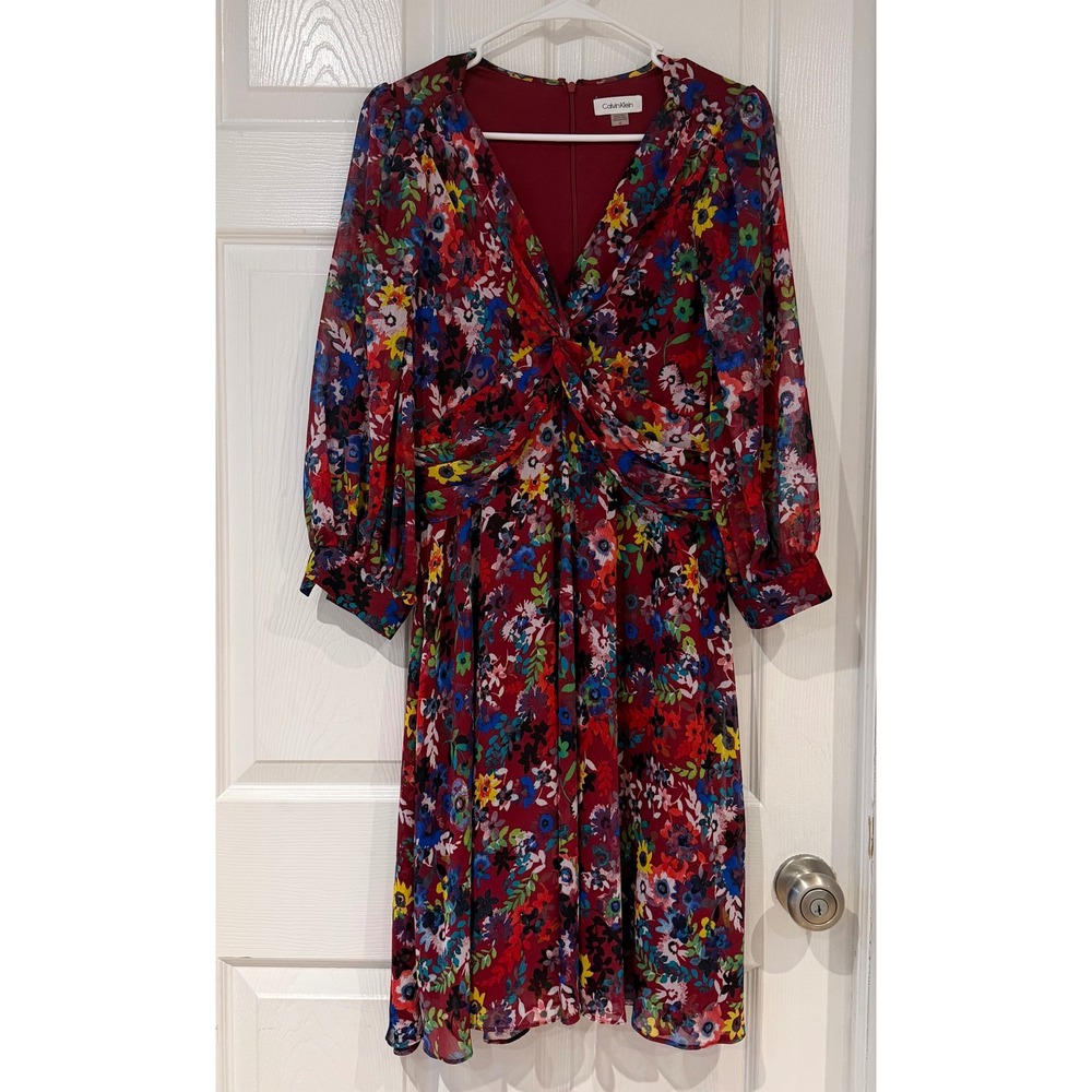 Calvin Klein Floral V-Neck Twist Front Long Sleeve Chiffon Dress Romantic Garden